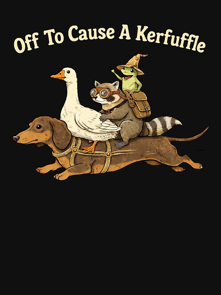 Off To Cause A Kerfuffle Funny Animal Adventure Dachshund Goose Raccoon Frog by Vinsinv
