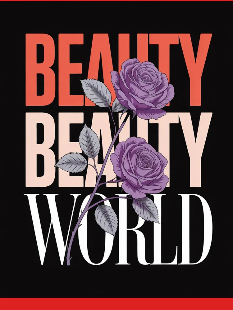 Elegant "Beauty World" Graphic Design with Purple Roses Classic T-Shirt Hoodie, Sweatshirt | PureTeeCo.com (Image 3)