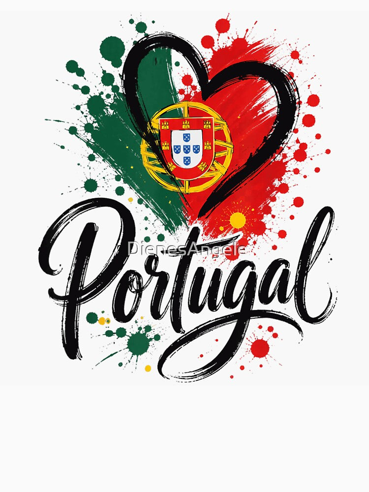 Portugal Flag Heart Ink Splatter National Pride Calligraphy Football Fan T Shirt by DienesAngele