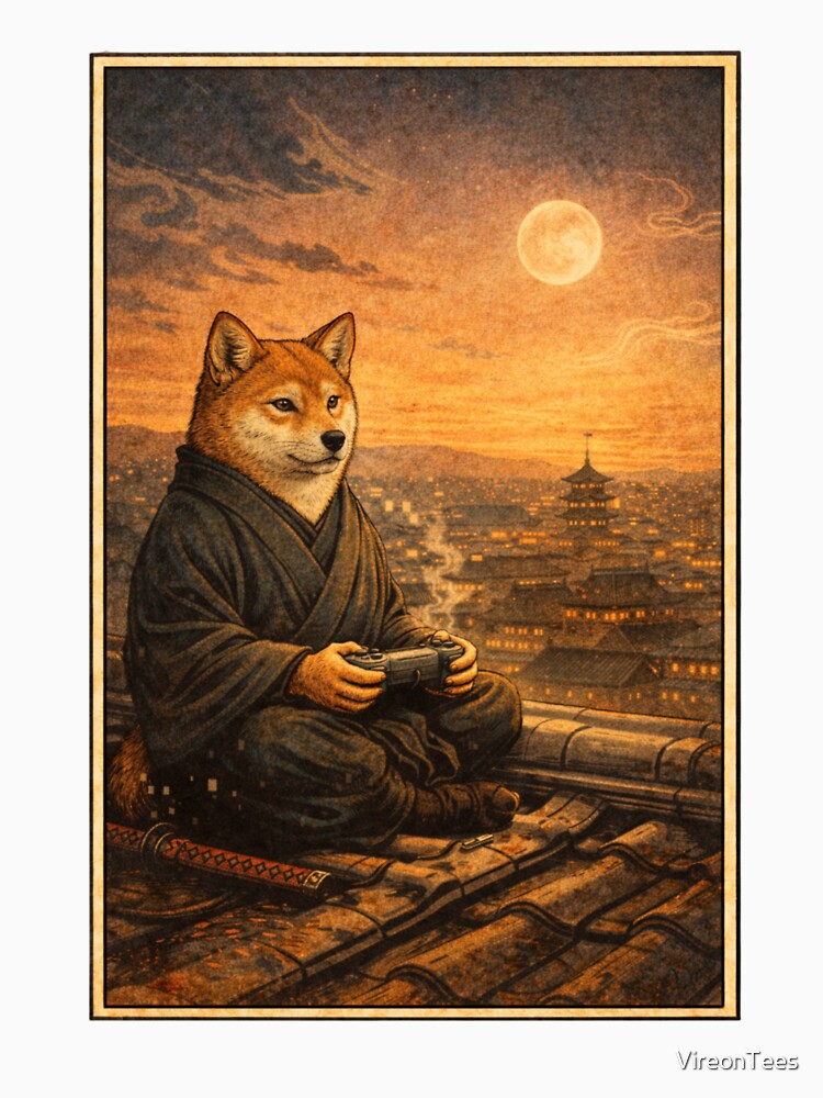 Zen Gamer Under the Moon – Samurai Shiba Inu Gaming Art by VireonTees