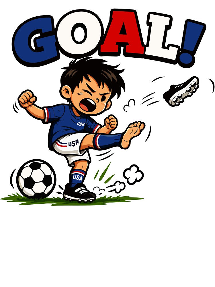 GOAL! USA Soccer Kid – Funny Cartoon American Football Boy Kicking Ball Youth Soccer Shirt by Mikoff04-arts