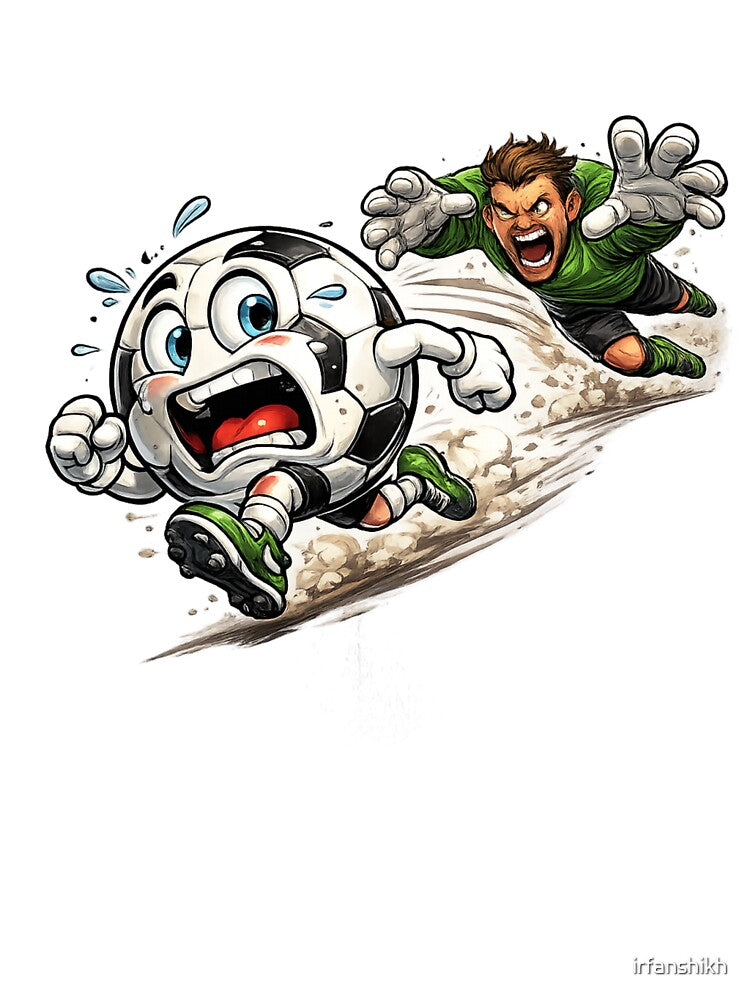 Scared Soccer Ball Running from Angry Goalkeeper – Funny Football Cartoon Art | Soccer Humor Gift by irfanshikh