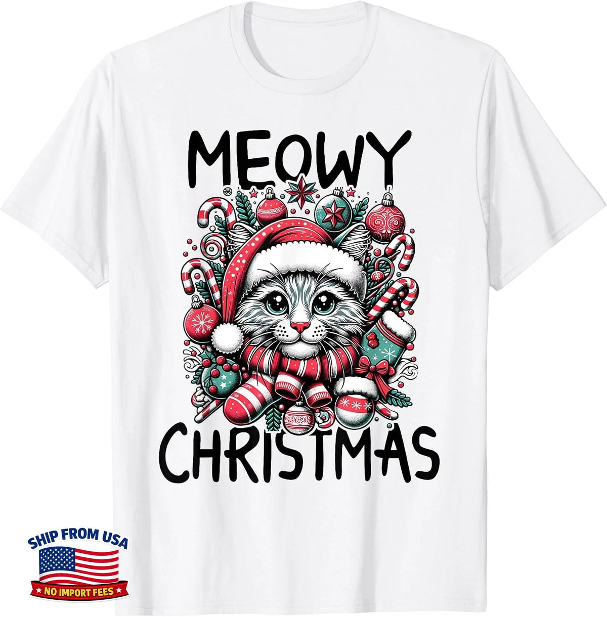 Merry Christmas Cat Gifts for Cat Mom Womens Meowy Christmas T-Shirt L7