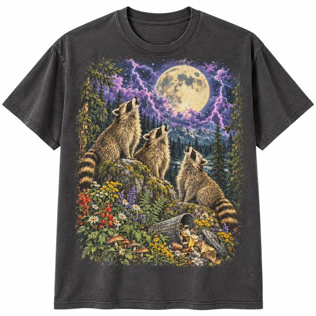 Vintage Howling Raccoons T-Shirt Funny Trash Panda Full Moon Forest Graphic Tee