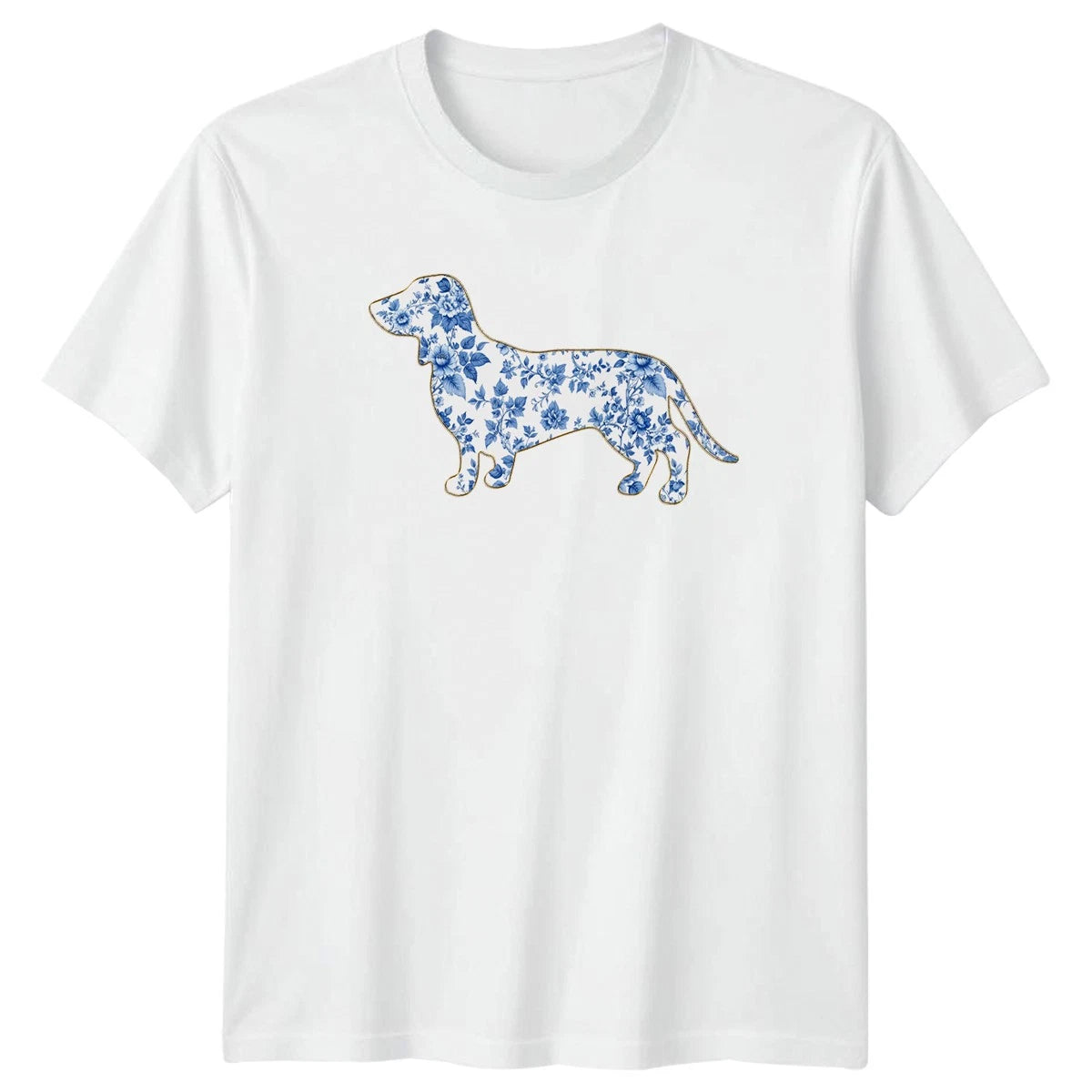 Blue Floral French Toile Womens T-Shirt Dachshund Dogs Gift For Her