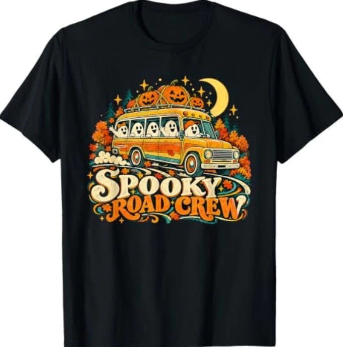 Pumpkin Ghost Bus Halloween Spooky Road Crew T-Shirt