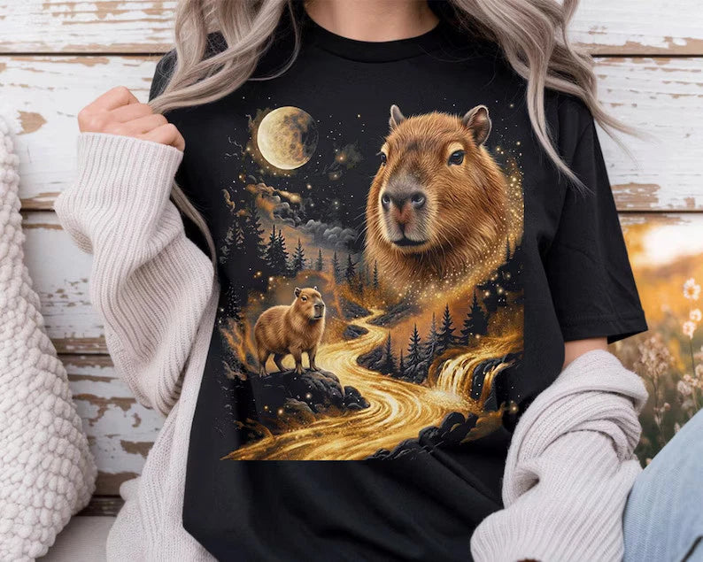 Capybara Howling Moon Animal Lover Pet Rodent Comfort Tee Graphic Shirt Gift Image 1 of 4
