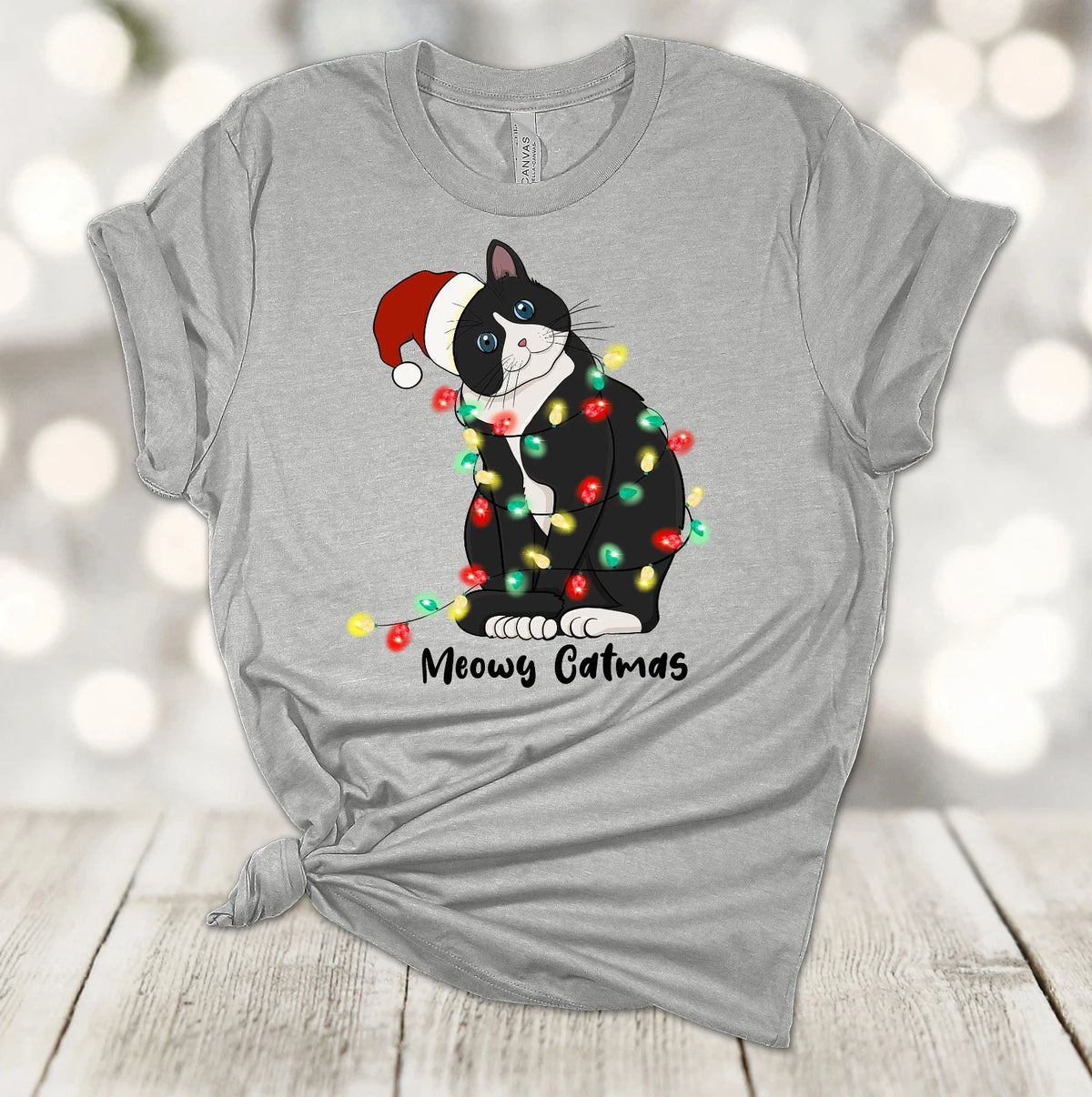 Meowy Catmas, Black and White Cat, Christmas Cat Tee Shirt, Santa Cat