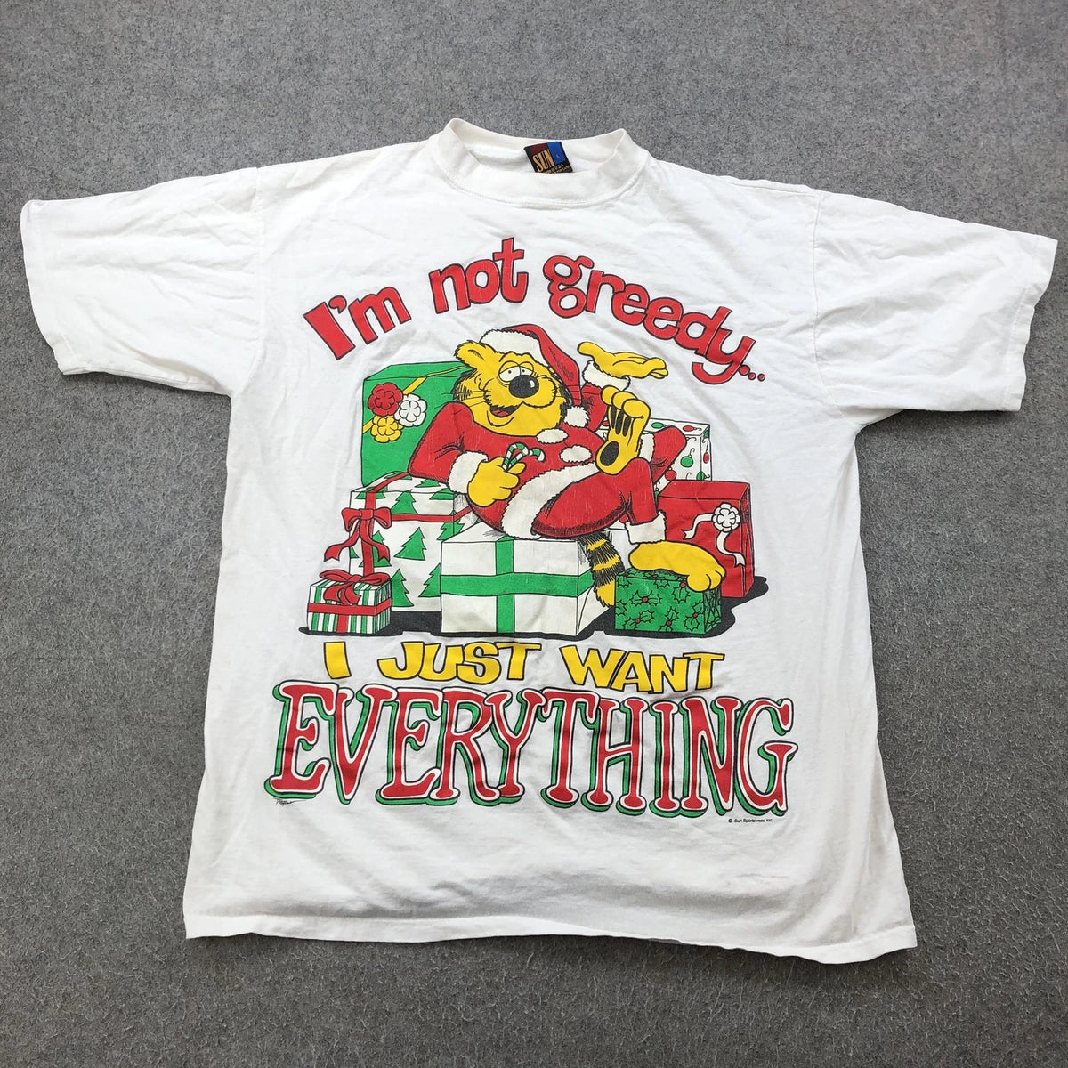Vintage Christmas Shirt Mens Large White Sun Sportswear Santa Cat  USA 90s Image 1 of 4