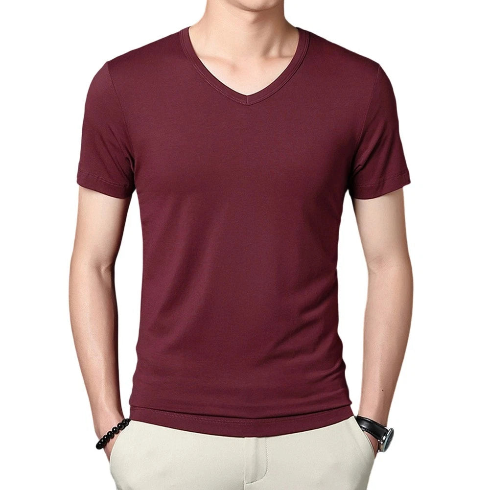 Solid Color Slim Fit Men's Short Sleeve V Neck T Shirt Pullover Undershirt
