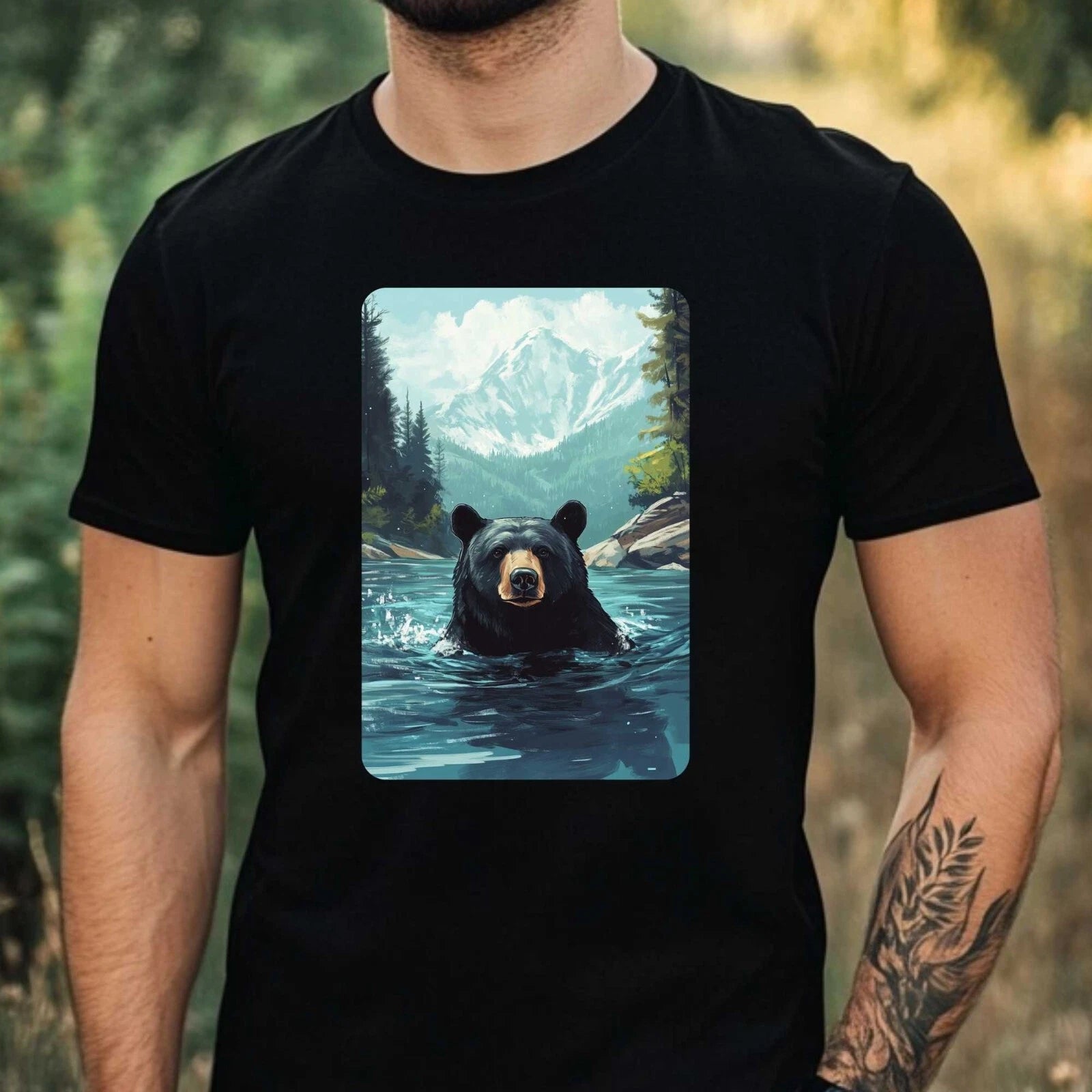 Mens Black Bear Swimming in Ocean Motif Cotton T-Shirt Size XS to 5XL