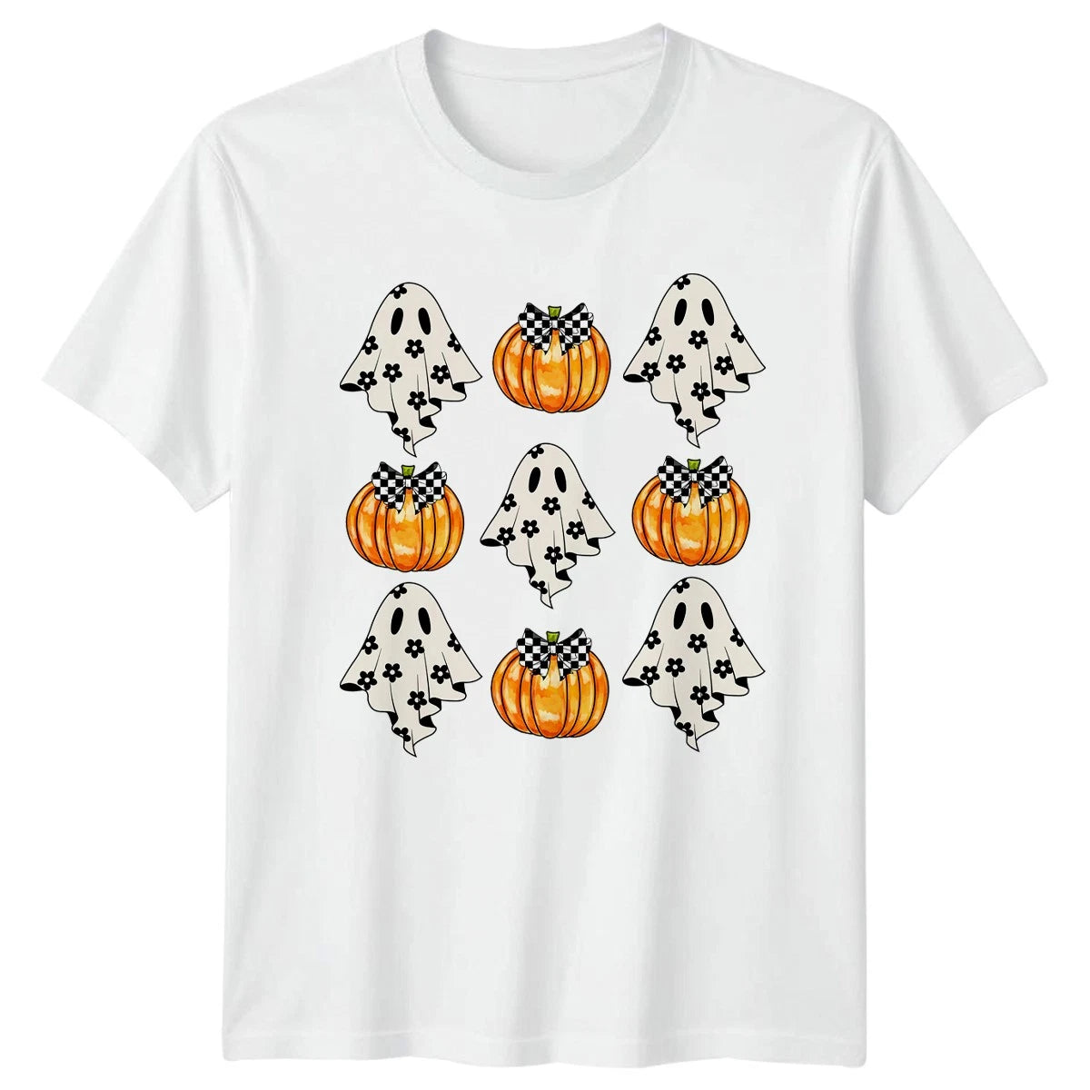 Aesthetic Ghost And Pumpkin Checkerboard Womens T-Shirt Cute Spooky