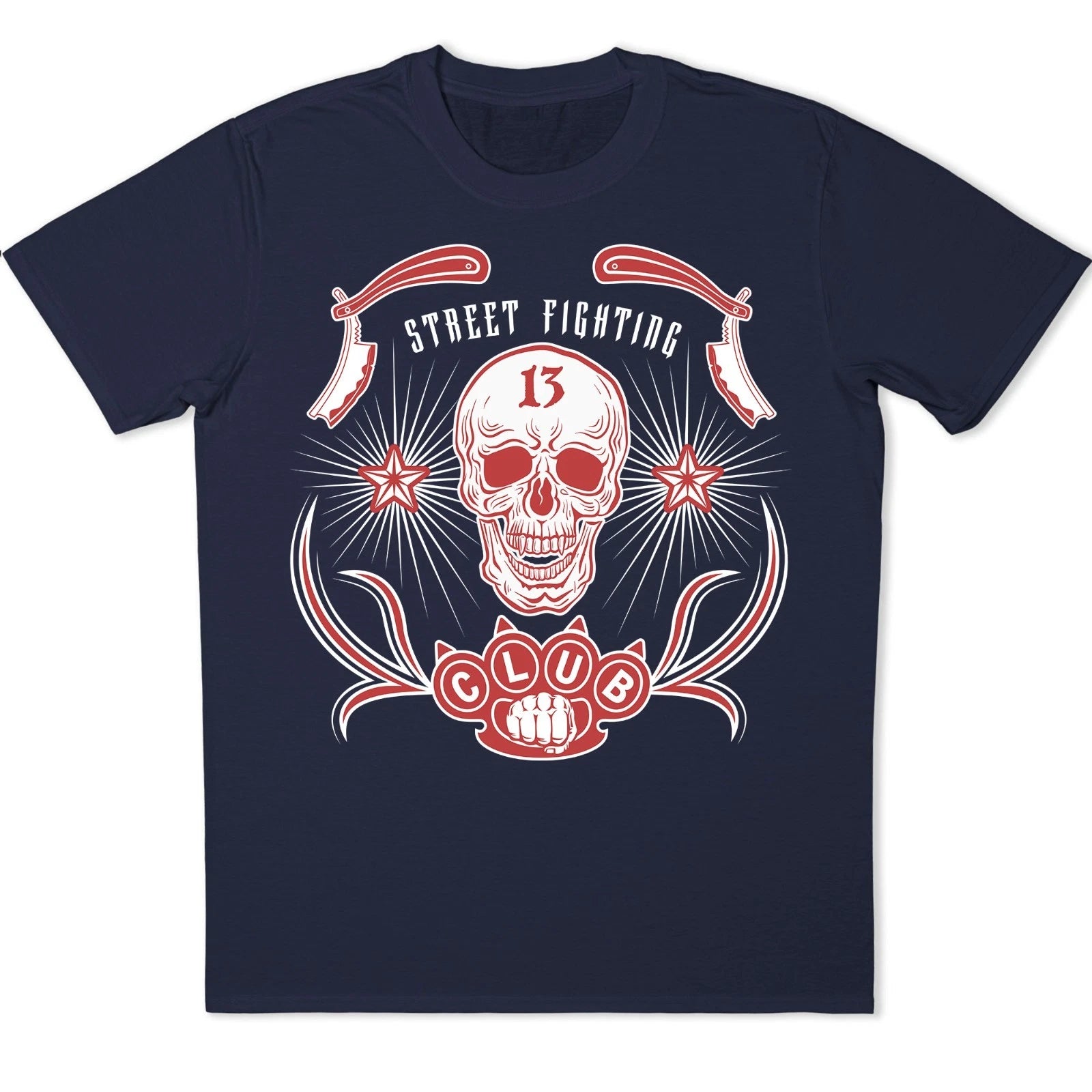 Skull T-Shirt Street Fighting Club 13 Gothic Tattoo Style Vintage Graphic Tee