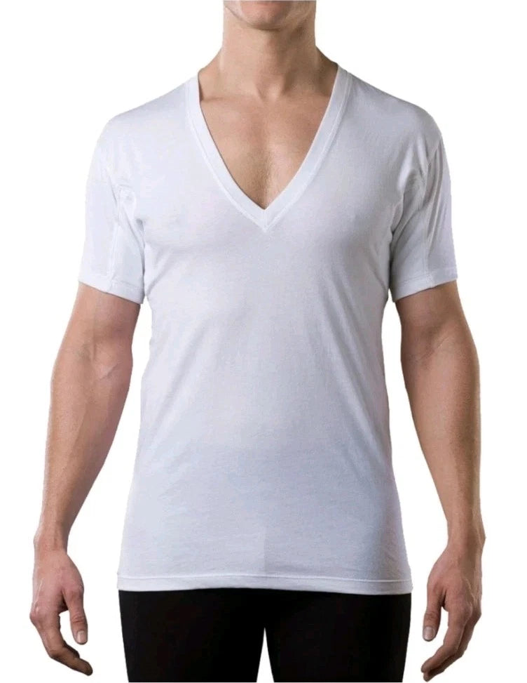 2 Mens Sweatproof Undershirt with Sweat Pads Cotton Deep V Neck White Medium TWO
