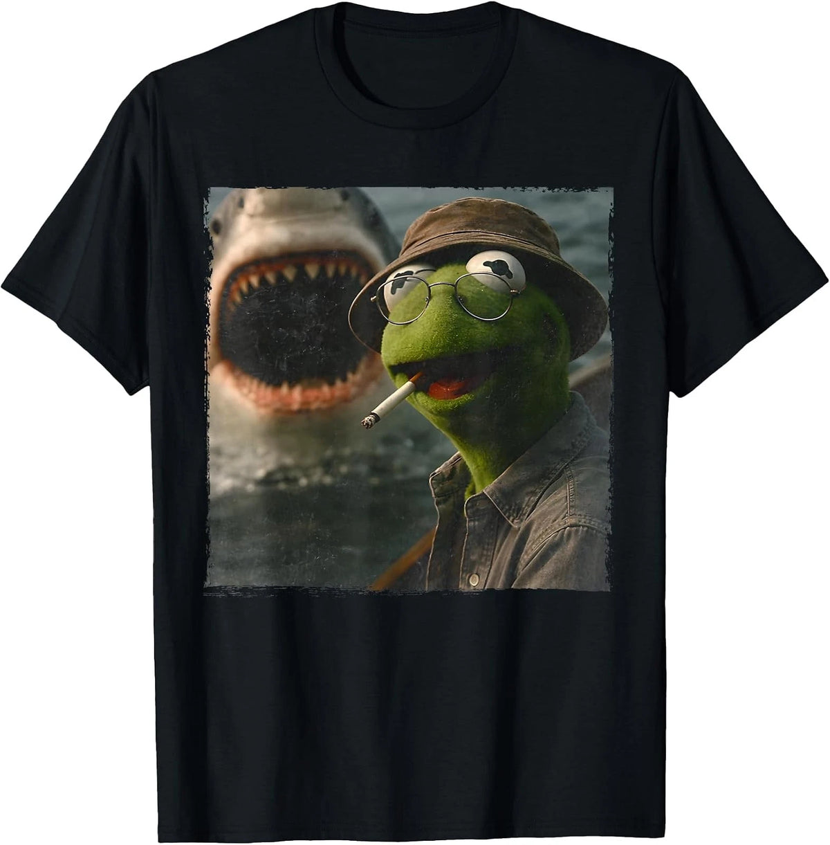 Vintage Funny Smoking Frog Meme Shark Attack Parody T-Shirt Image 1 of 3