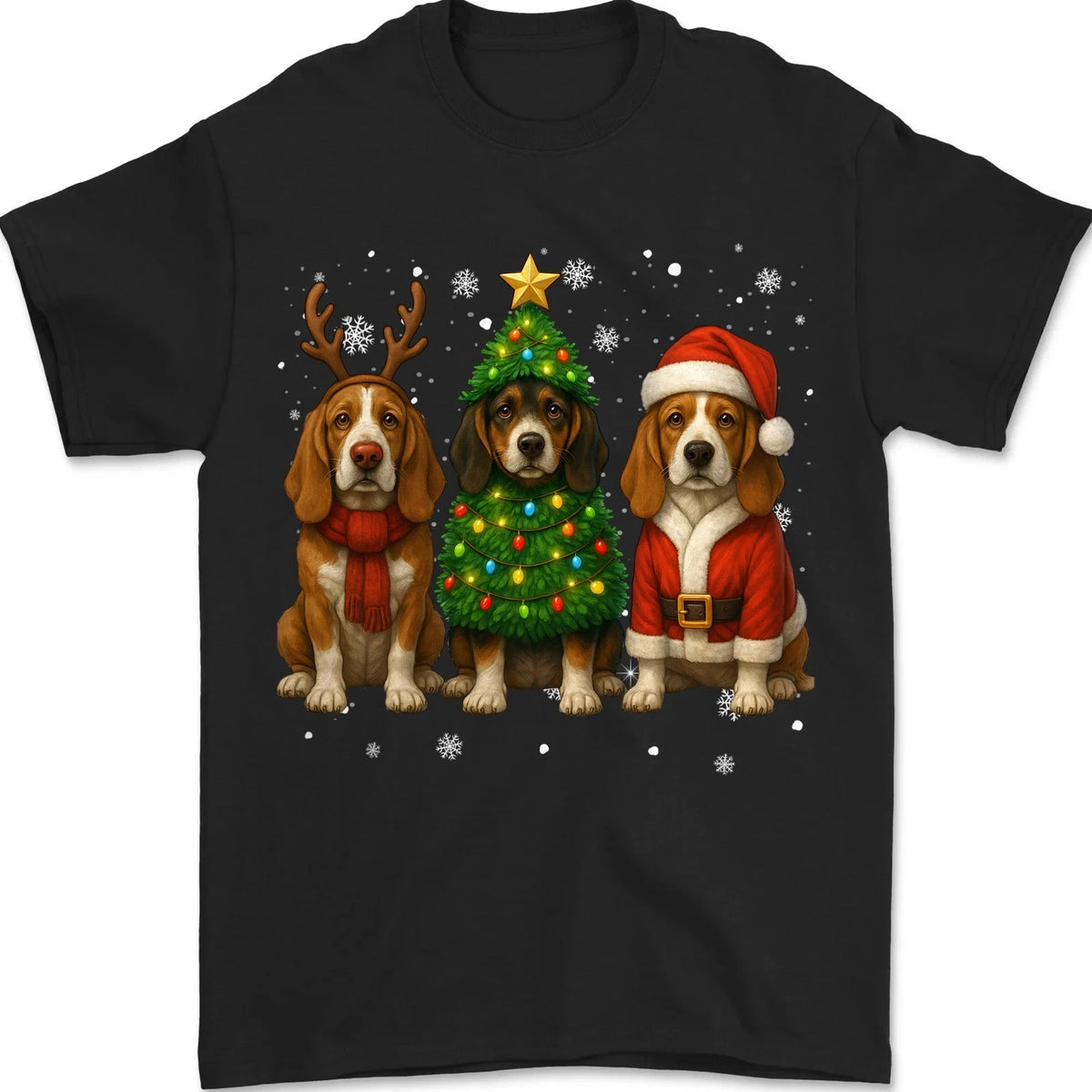 Retro Christmas Basset Hound Santa Reindeer Dog Lover  T-Shirt