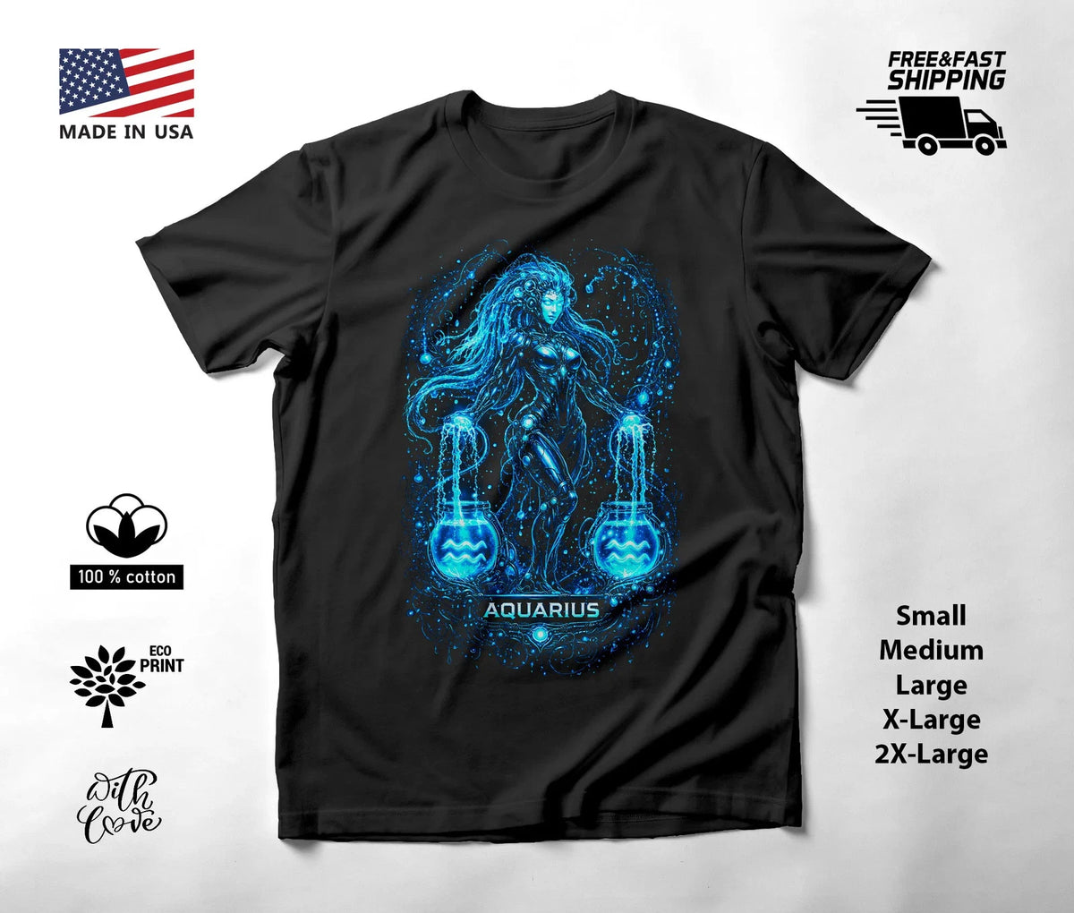 Electric Blue Aquarius Water Bearer Zodiac T-Shirt Black Unisex Image 1 of 2
