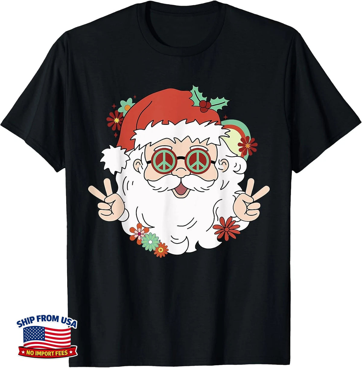 Hippy Santa Clause 80's Retro Christmas Gift T-Shirt Groovy Holiday Image 1 of 4