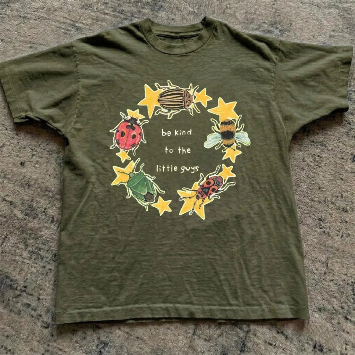NWT Be Kind To The Little Guys Graphic T-Shirt Military Green Insect Tee
