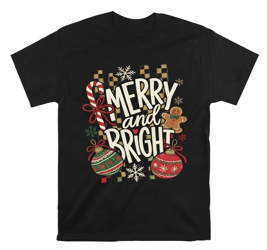 Merry And Bright Graphic Christmas Black T Shirt Gift For Friends