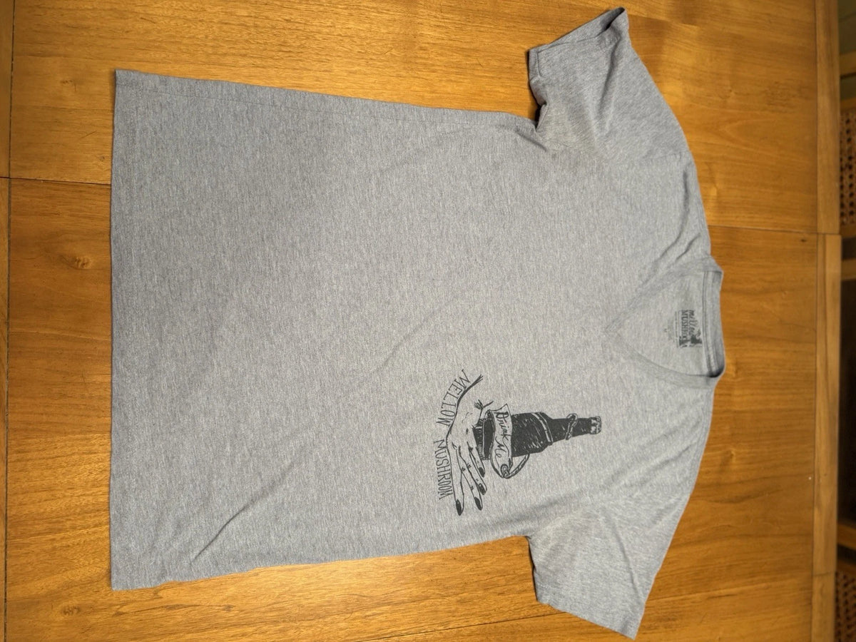 Mellow Mushroom Drink Local  V-neck T Shirt Gray Beer Bottle Graphic Tee Medium