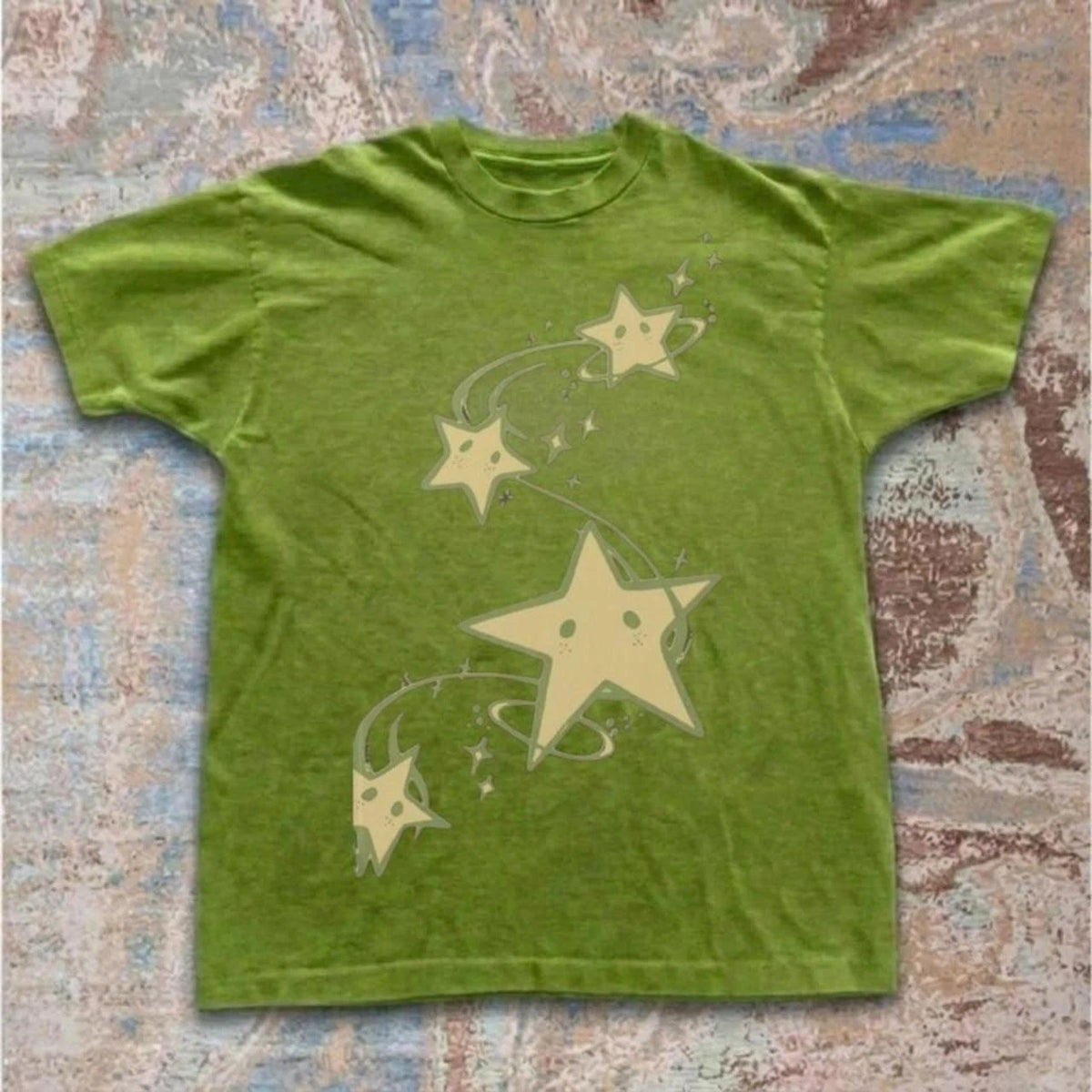 NWT Green Star Graphic T-Shirt Beige Star Print Retro Y2K Streetwear Tee