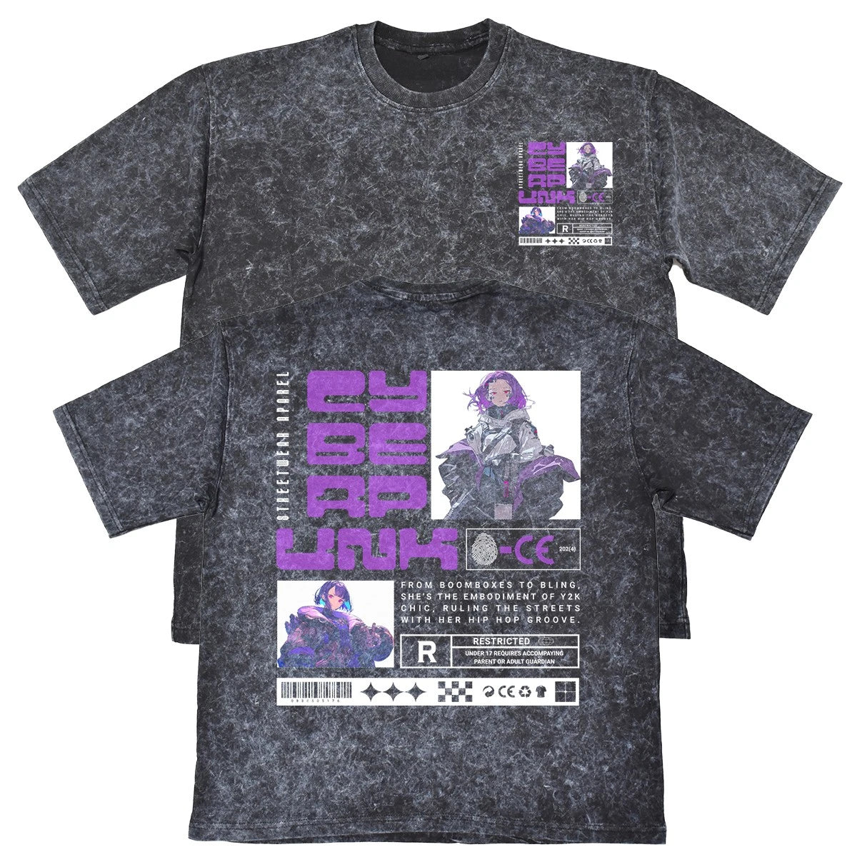 Cyberpunk Streetwear Unisex Mens Carbon Grey 240gsm French Terry Acid Wash T-...