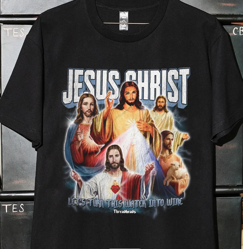 VINTAGE JESUS CHRIST BLACK T-SHIRT LET'S TURN THIS WATER INTO WINE S-5XL