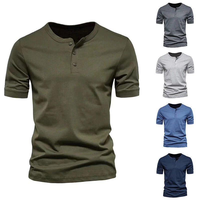 Men Casual Cotton Shirt Short Sleeve Pullover Button Henley Collar T-shirt Tee ♡
