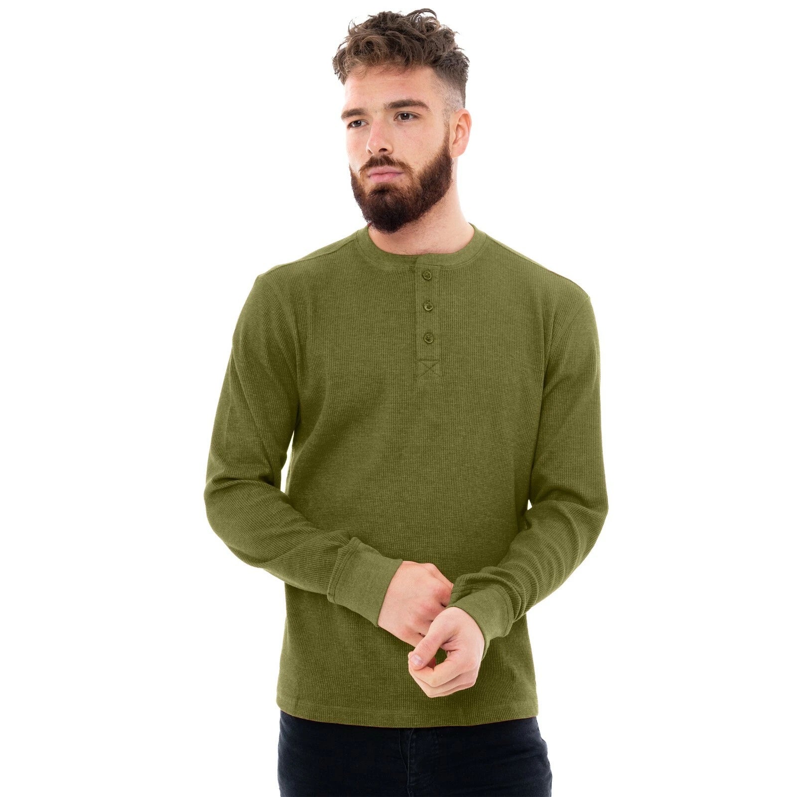 Mens Henley T-Shirt Jumper Top Thermal Grandad Neck Waffle Knit Long Sleeve Work