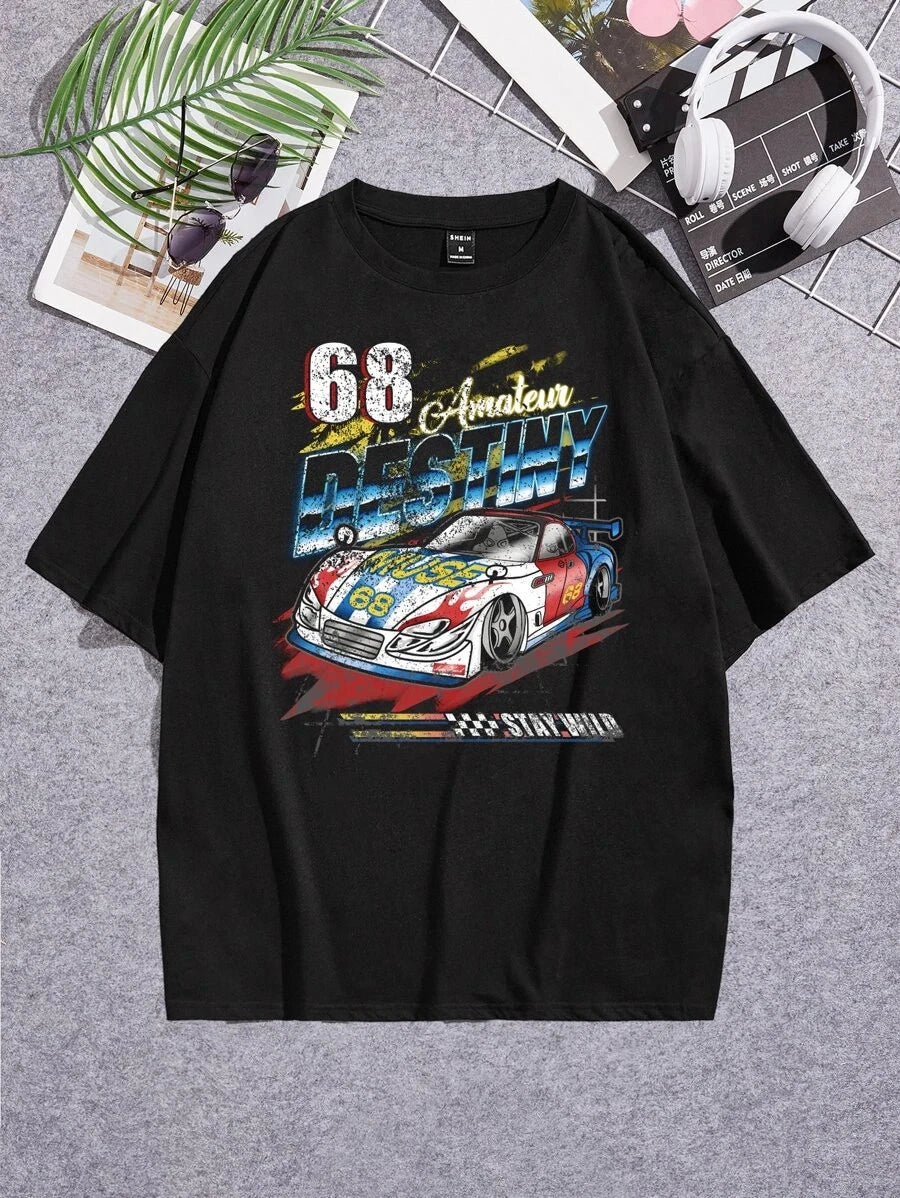 Men Car & Letter Graphic Tee – Cotton Casual Street Style T-Shirt, Cool Auto