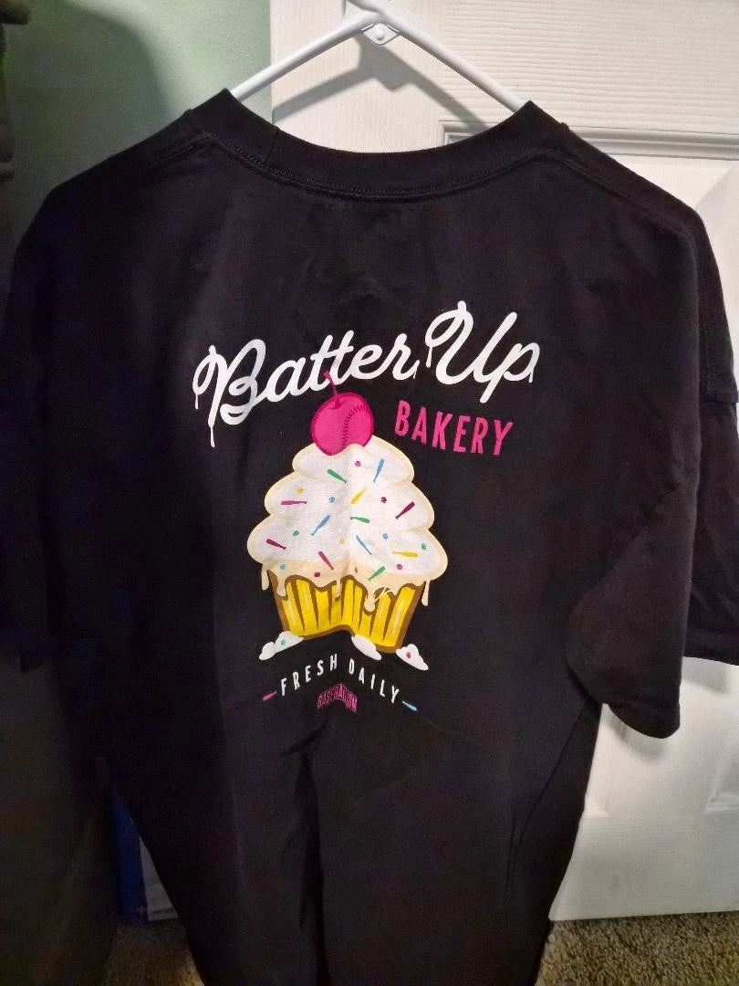 Batter Up Bakery Confetti Cupcake T-Shirt Black Men XL Baseballism (never worn)
