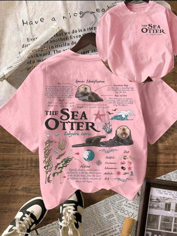 Vintage Sea Otter Inspired Graphic Tee, Casual Round Neck Short Sleeve T-Shirt