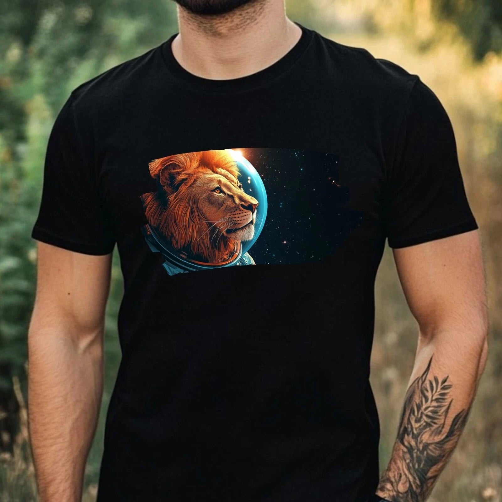 Mens Lion as Astronaut Print Cotton T-Shirt Size XS to 5XL