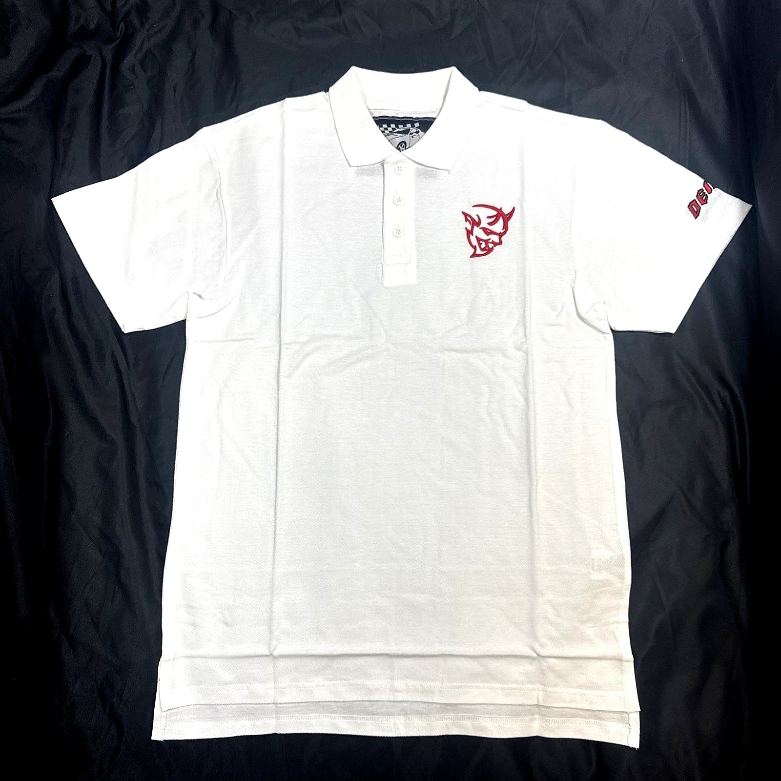 Demon Dodge White Polo Mens Automotive Shirt Embroidered Muscle Car Horsepower