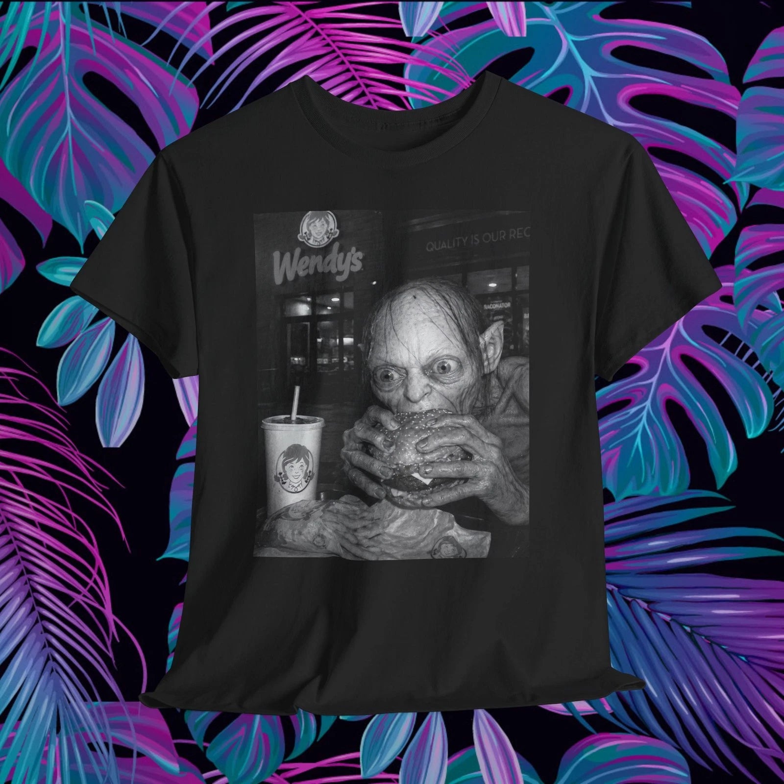 Gollum Eating Wendy’s Burger Shirt Y2K Flash Photo Meme Horror Graphic Tee
