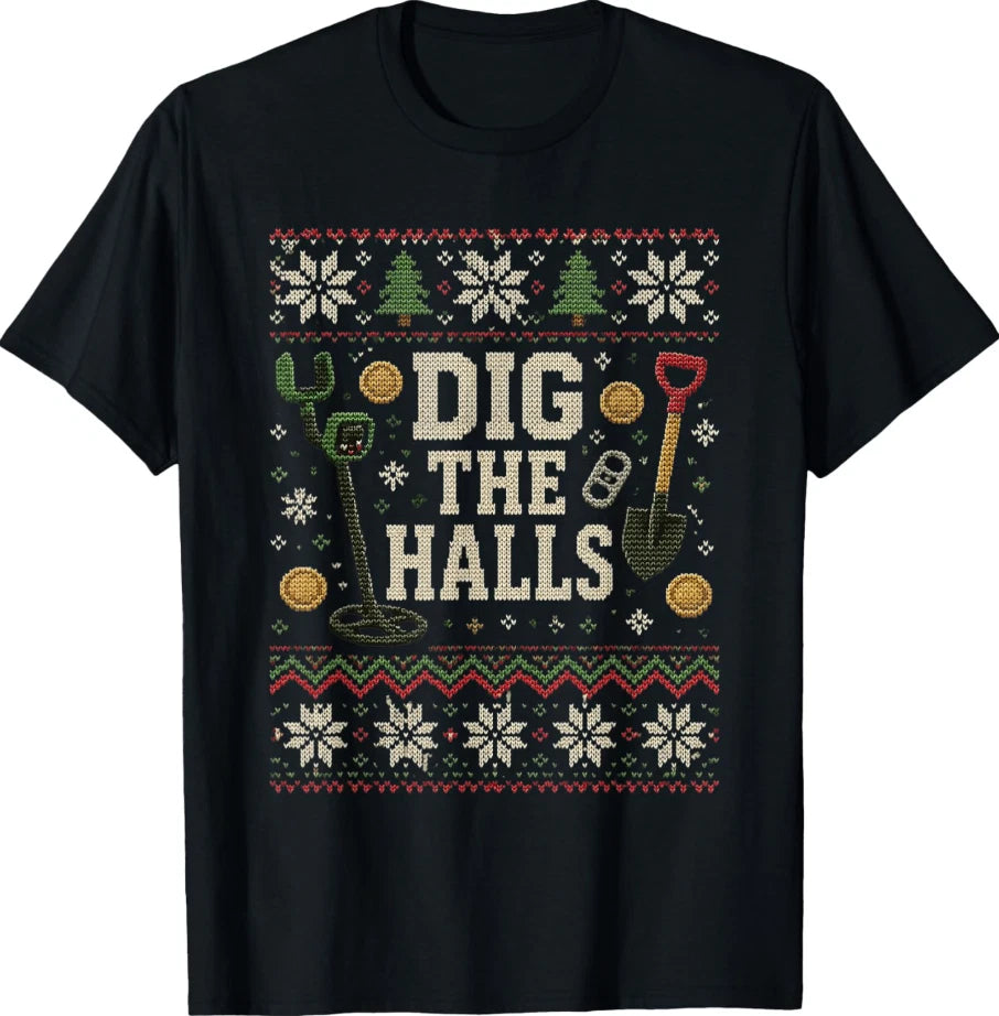 Dig The Halls Metal Detecting Christmas Knit Pattern T-Shirt