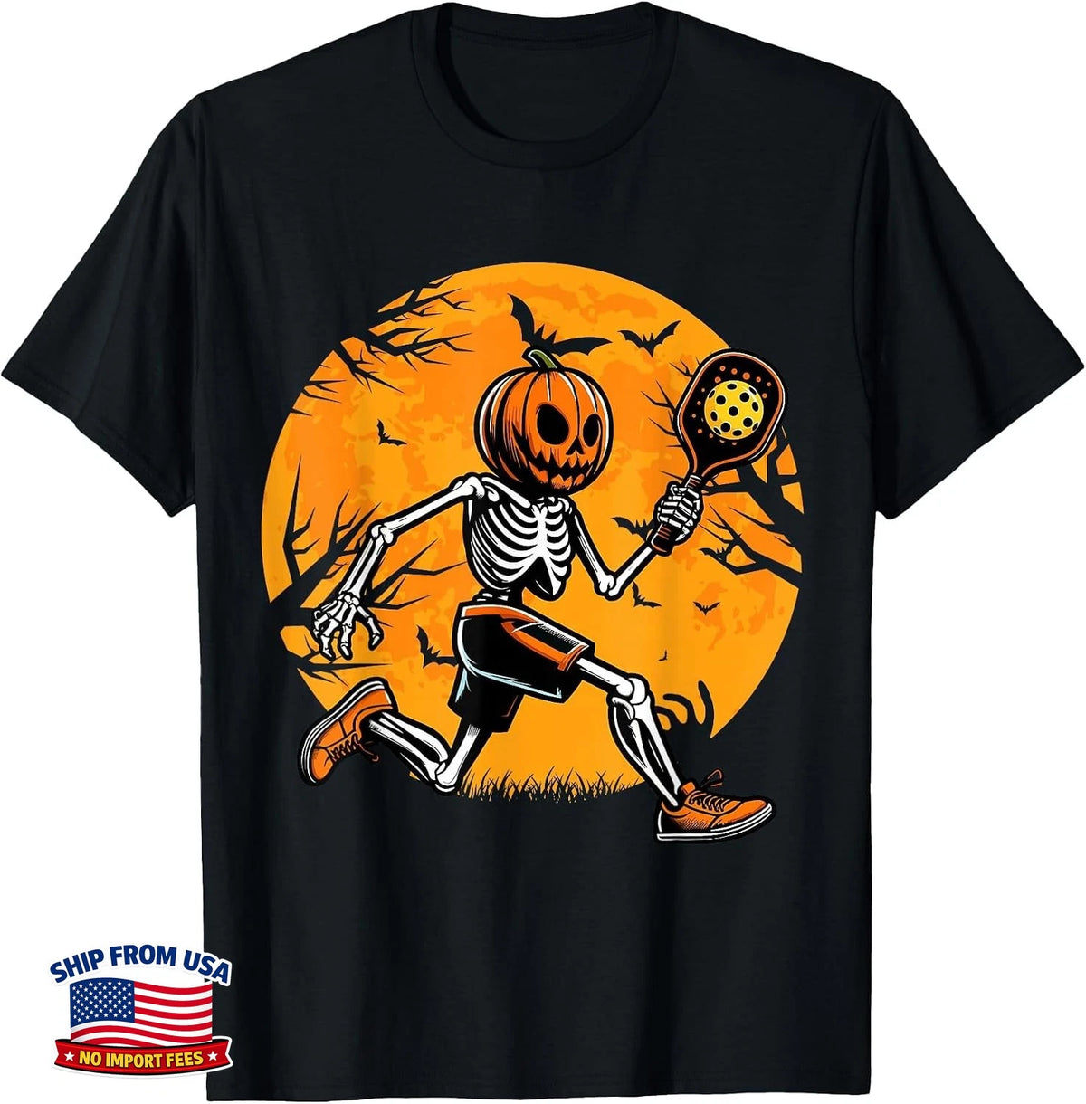 Halloween Pickleball Pumpkin Skeleton T-Shirt Image 1 of 4