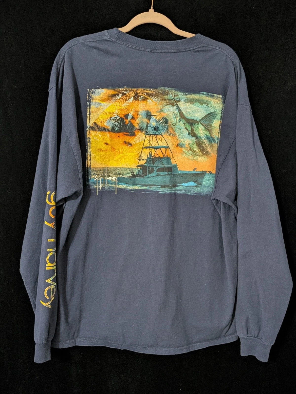 Guy Harvey Mens XL Long Sleeve Fishing Shirt Navy Blue Marlin Boat Pocket Aftco