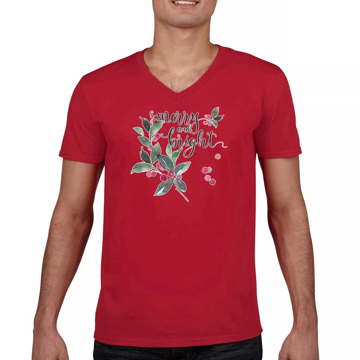 Merry and Bright Cute Christmas V-Neck T-shirt Jolly Santa Clause Xmas Tee