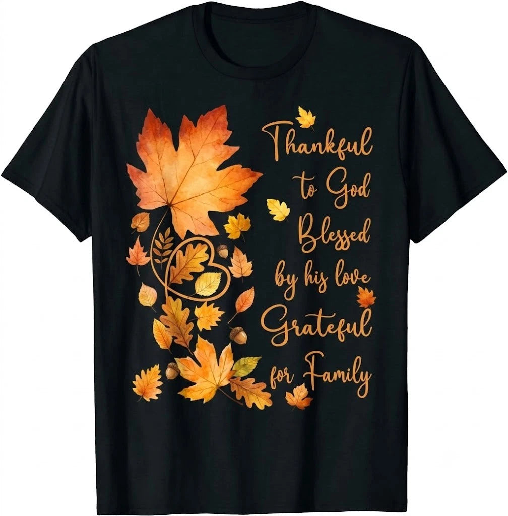 Thankful Grateful Blessed Christian Thanksgiving Fall Leaves Black T-Shirt