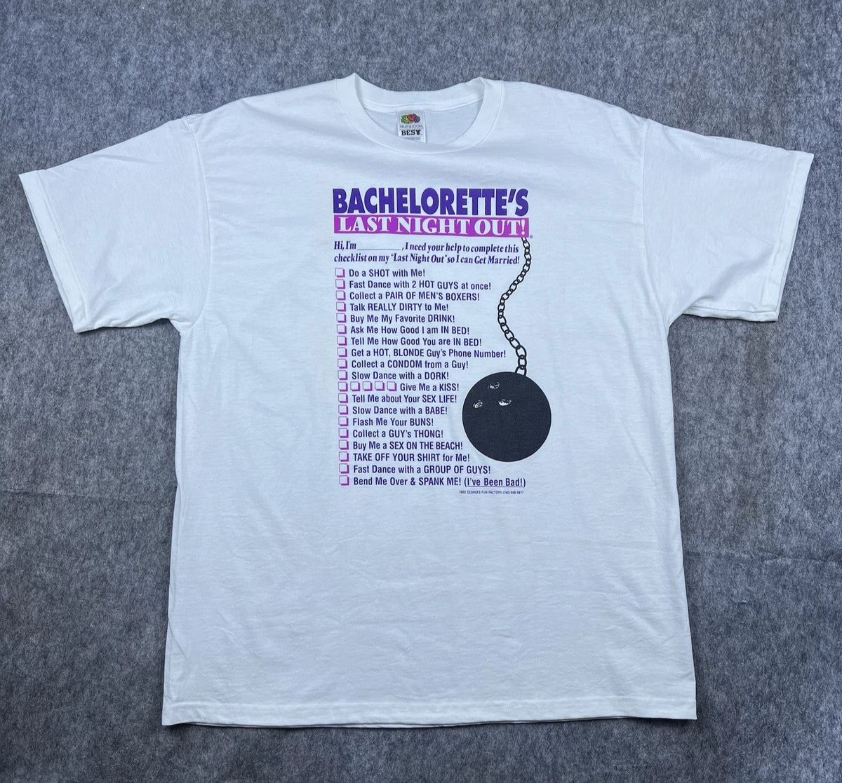 Vtg Fruit Of The Loom Bachelorette’s Last Night Out Checklist T-Shirt Size XL