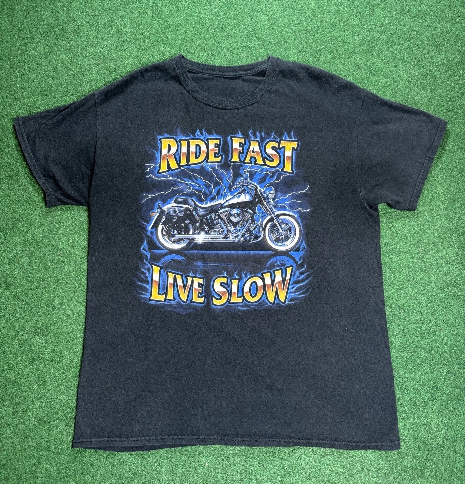 Vintage Y2K Ride Fast Live Slow Lightning Graphic Motorcycle Men’s Large T Shirt