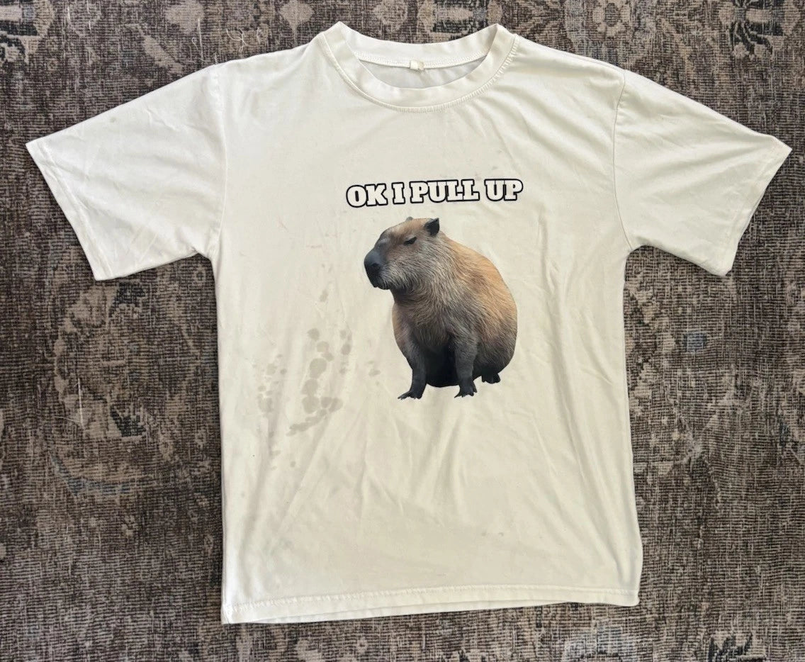 Capybara “Ok I Pull Up” meme white size medium tee shirt