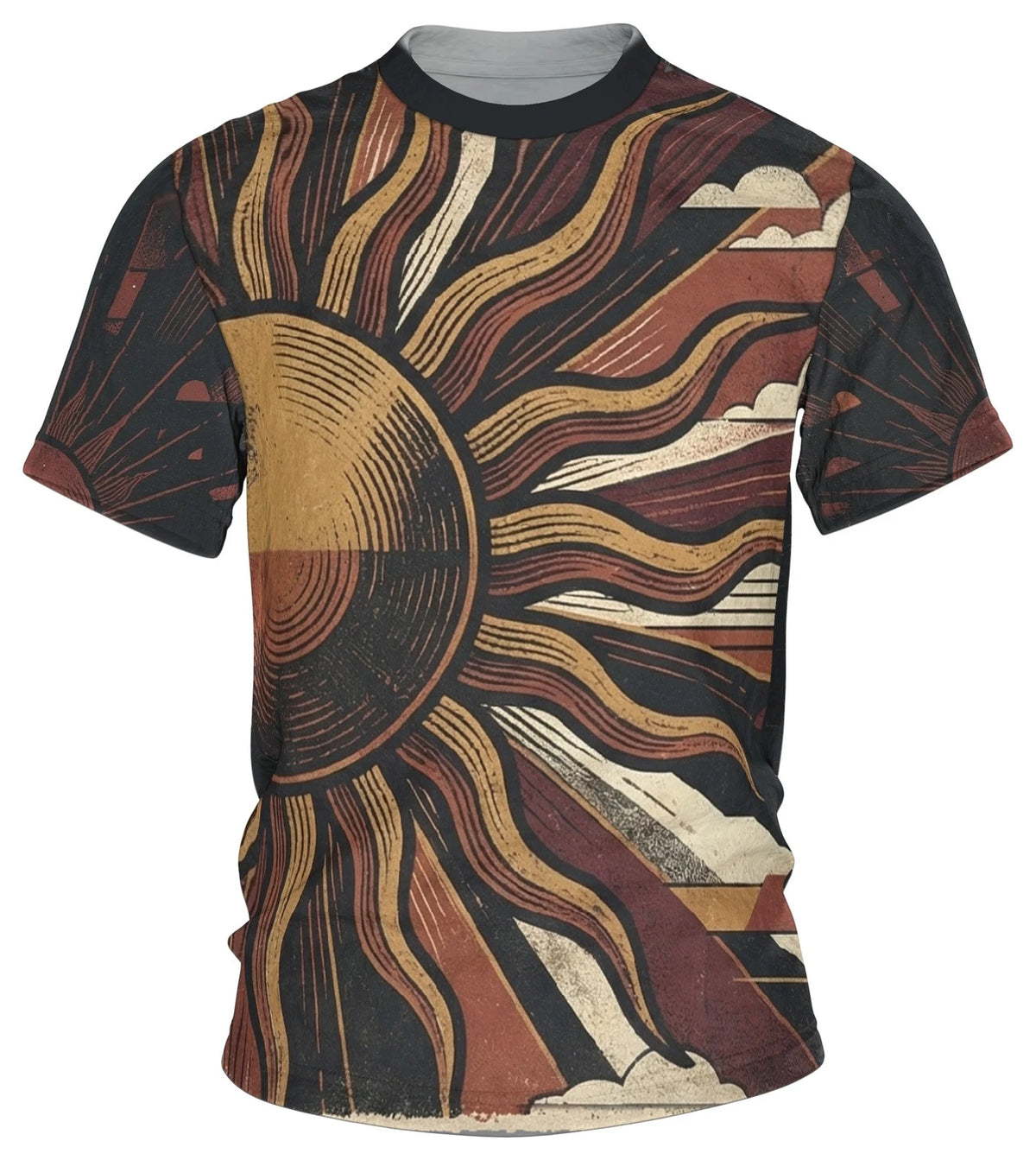 Retro 70s Sunset All Over Print T-Shirt, Boho Sunburst Rays Vintage Tee