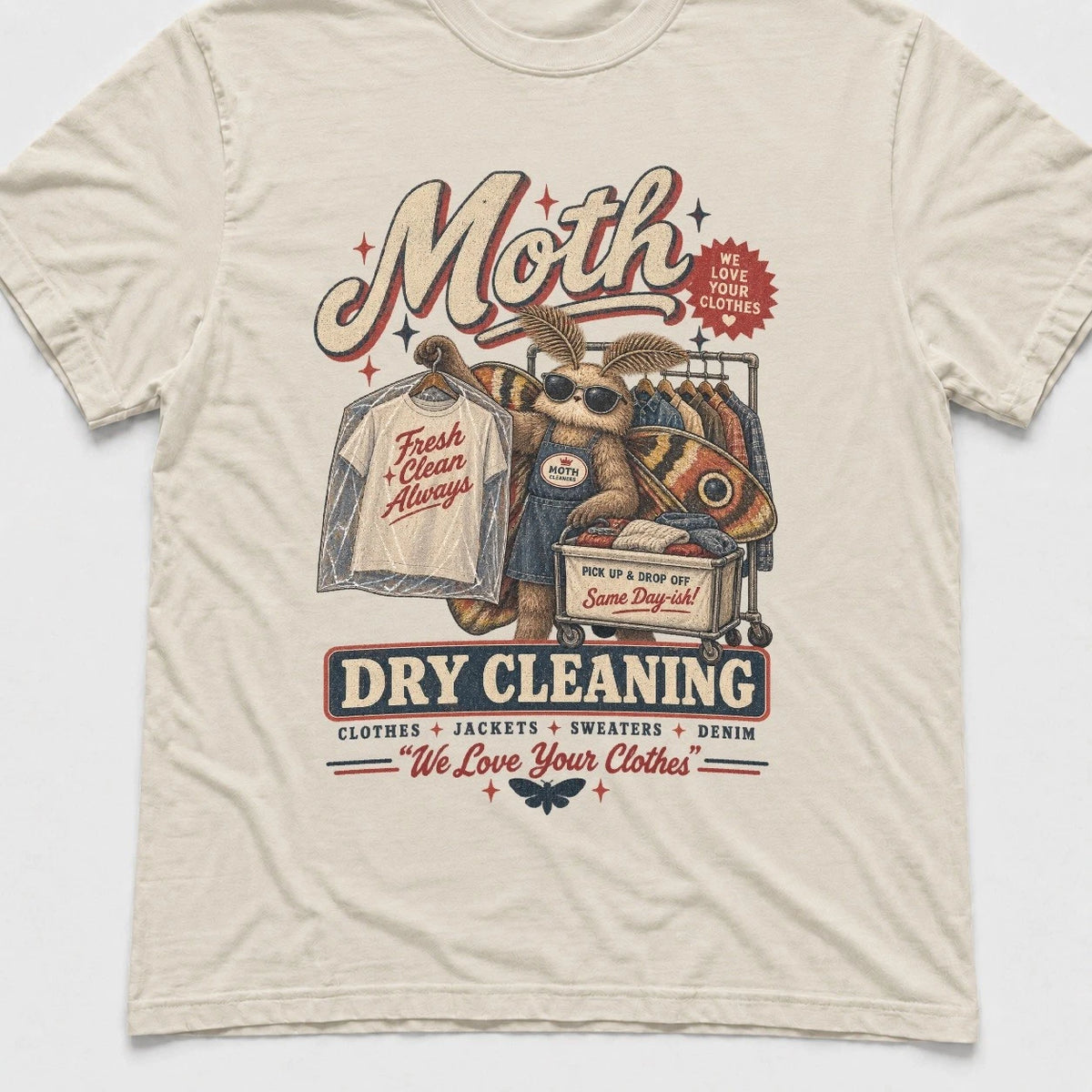 Moth Dry Cleaning Funny Vintage Laundry We Love Your Clothes Graphic Unisex Tee