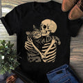 Skeleton Hugging Cat T-Shirt Funny Halloween Cat Lover Tee