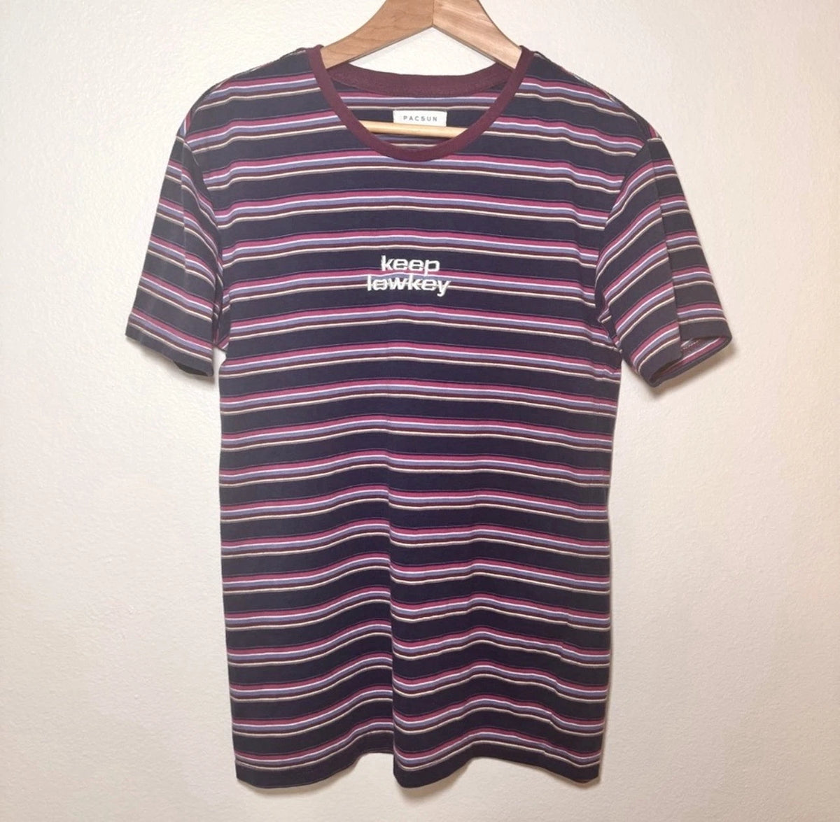 PacSun Keep Lowkey Striped Tee Mens M L Navy Embroidered Cotton Blend Shirt