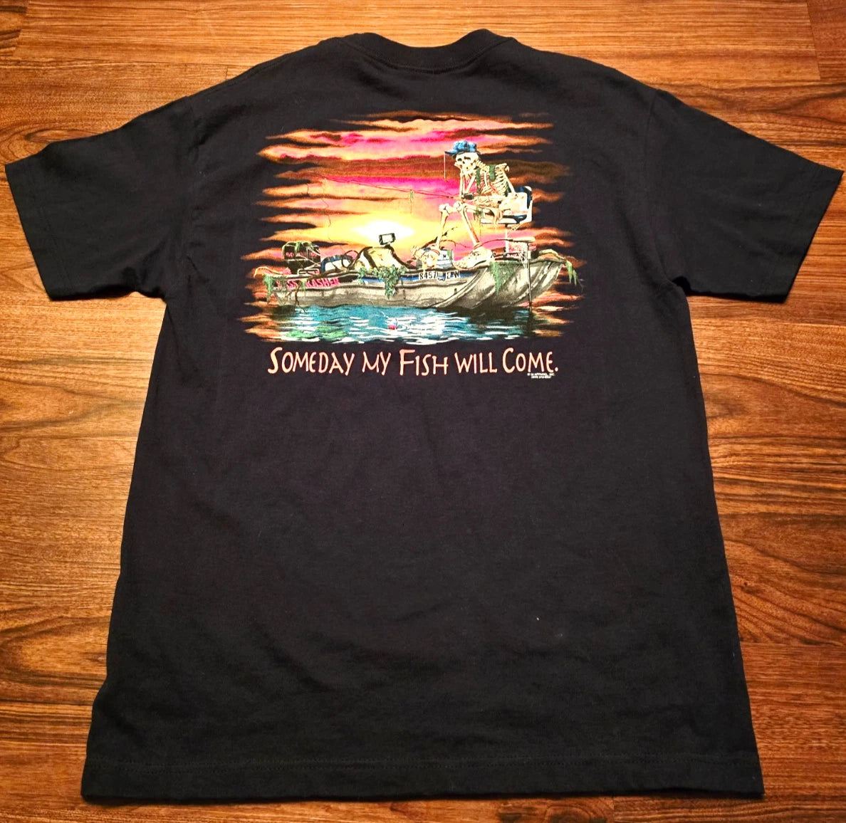 Vintage Skeleton Fishing Shirt Someday My Fish Will Come AAA Heavyweight L USA