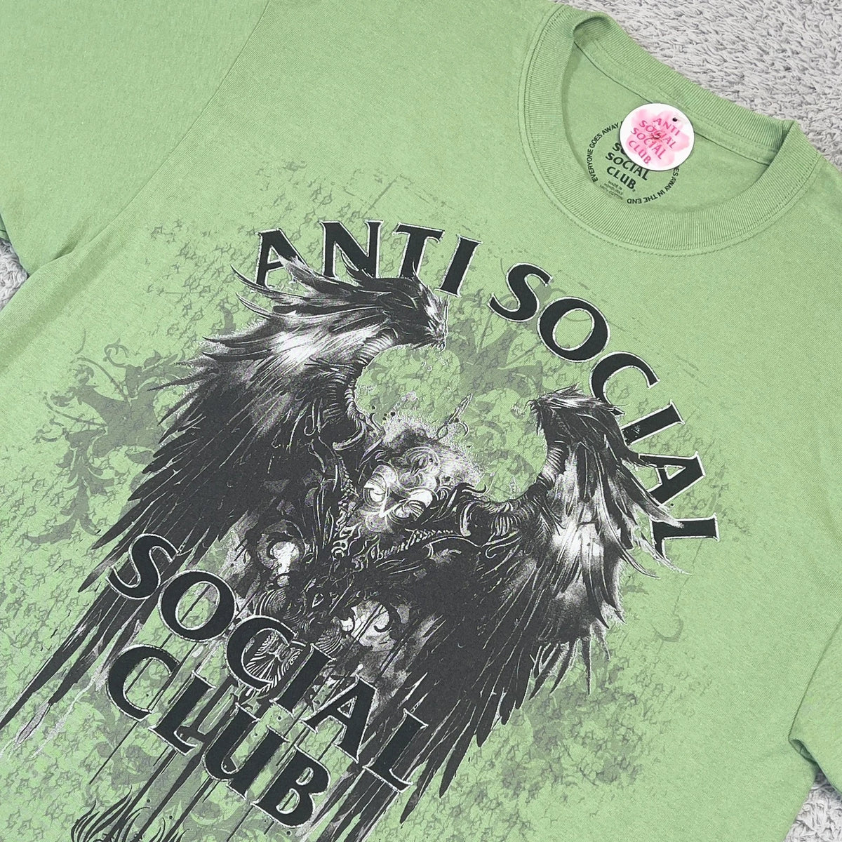 Anti Social Social Club Shirt Mens L Green Gothic Angel Crow Graphic Tee Punk